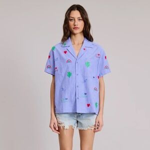 Women's Blue Patterned Short Sleeve Shirt